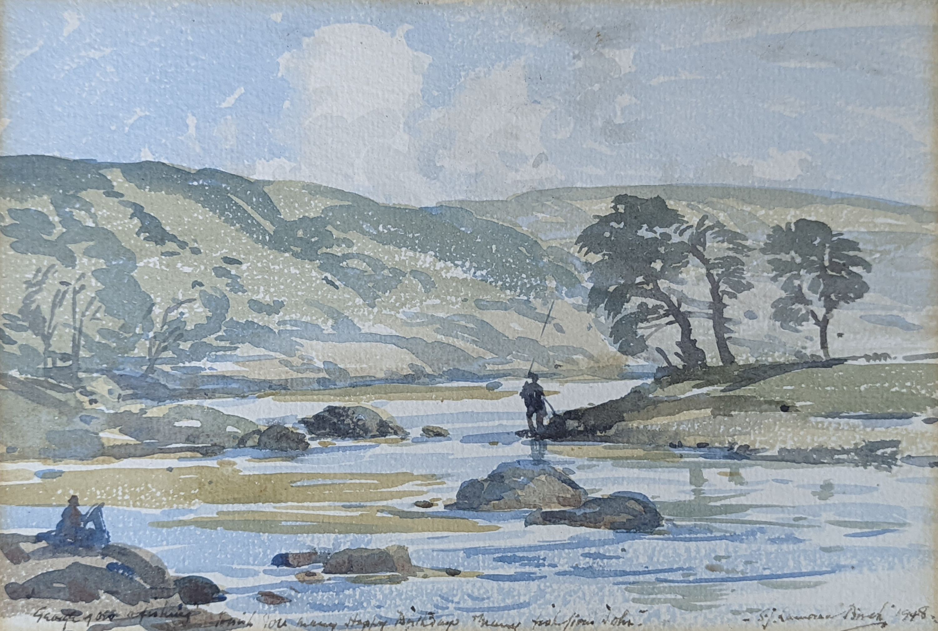 Samuel John Lamorna Birch (1869-1955), watercolour, George ... Fishing ... Happy Birthday, signed and dated 1948, 14.5 x 21cm